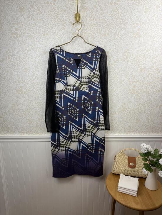 Karen Millen Dresses & Skirts - Karen Millen Blue and Black Mesh Zigzag Check Knee Length Dress - Size - 10